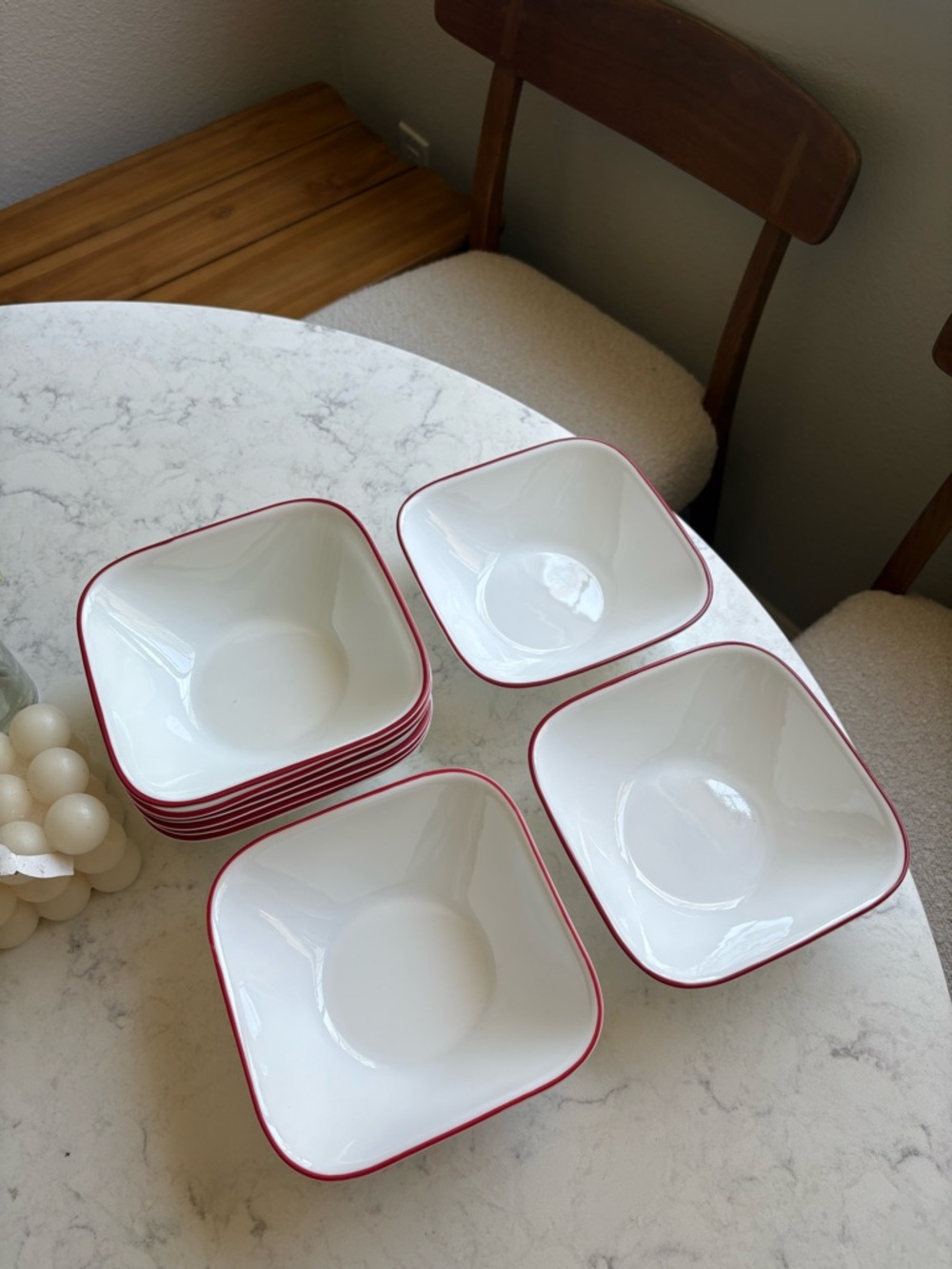 Corelle Splendor 22 oz Square Bowls with Red Rim - Set of 9